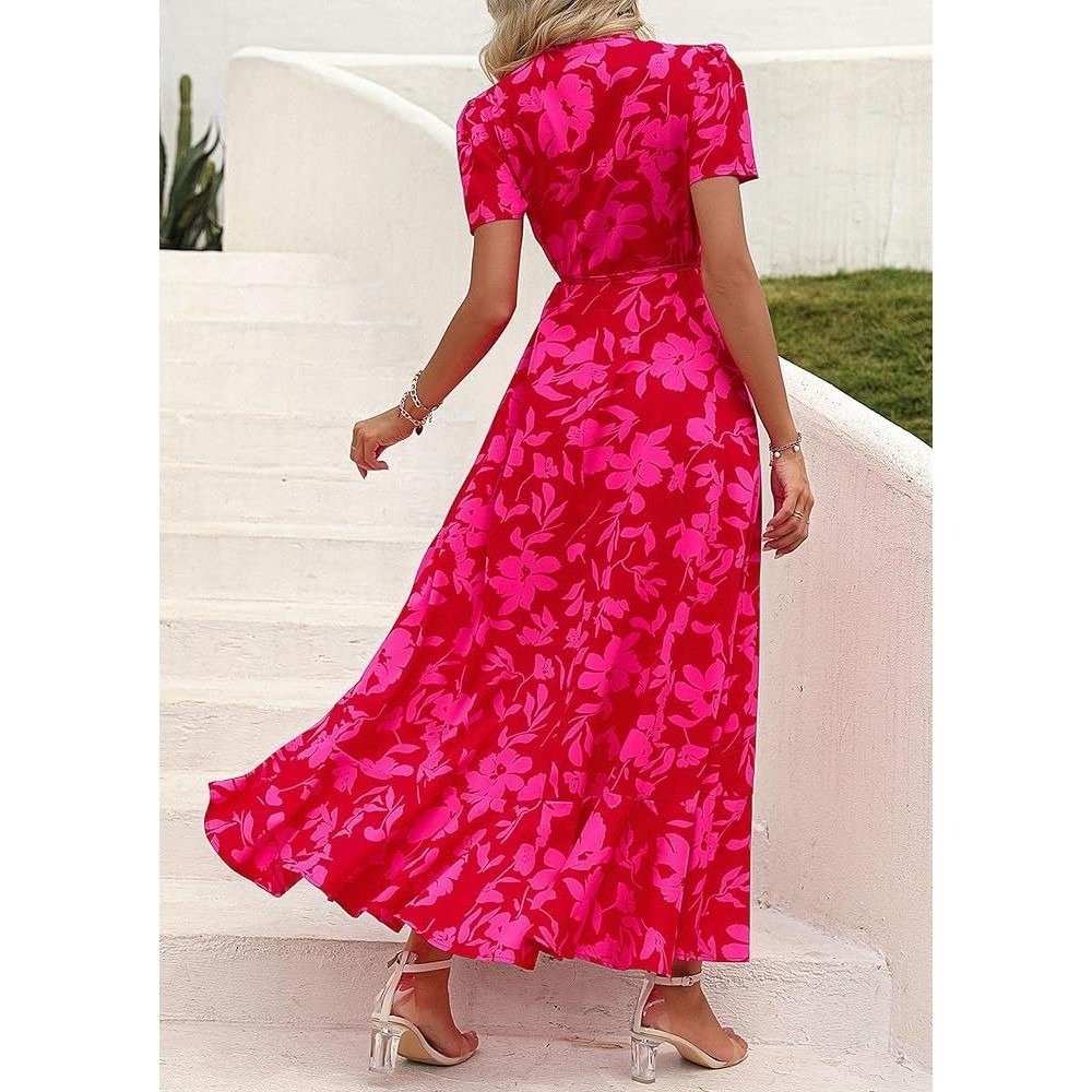 NWT PrettyGarden Chic XL Floral Wrap Maxi Dress Ruffle Short Sleeve Derby Barbie - Picture 2 of 14
